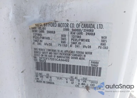 2001 Ford F-150 Xl/Xlt z USA, uszkodzony, nr VIN 2FTZF17251CA56402